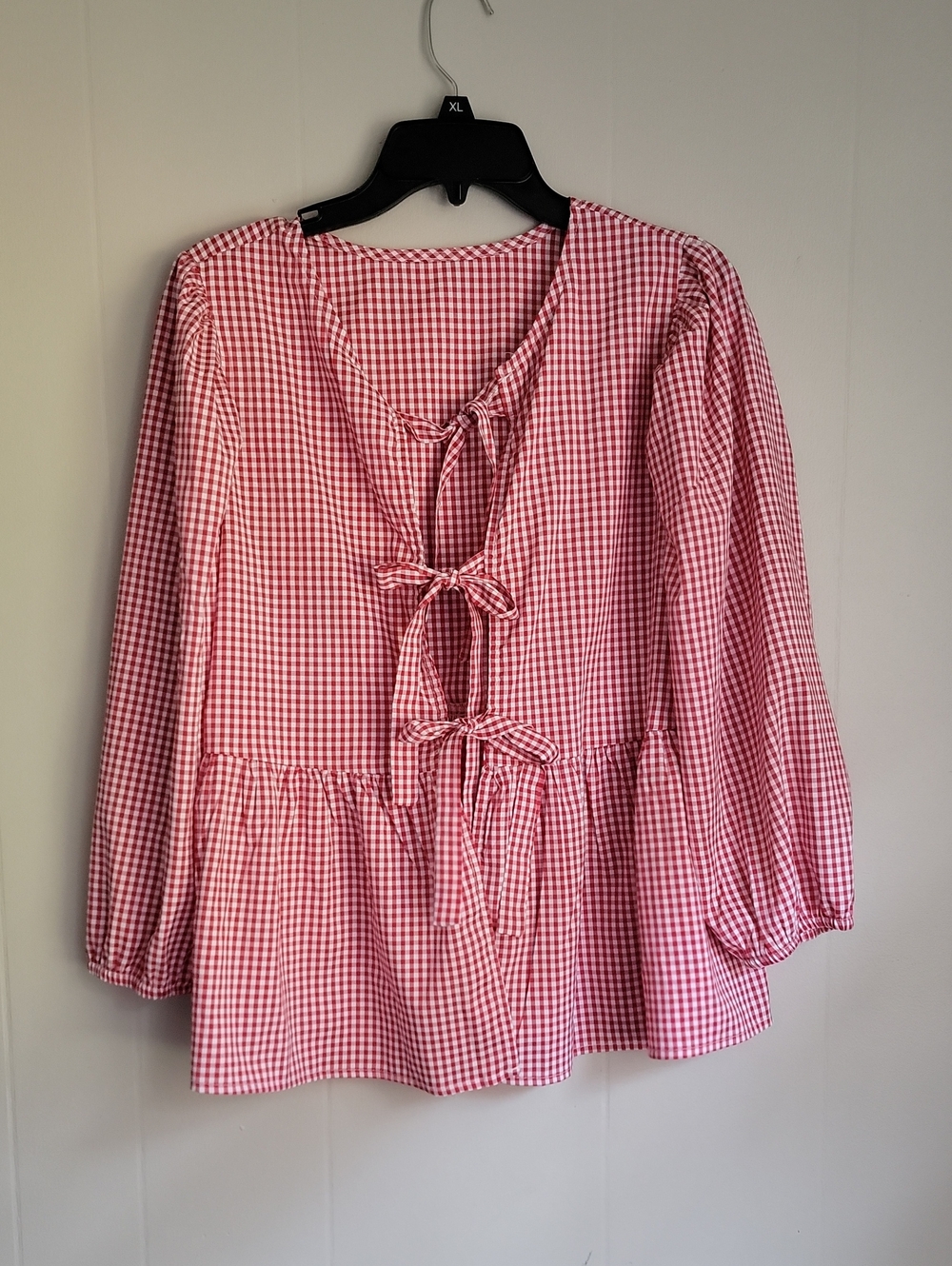 Red Gingham Tie-Front Peplum Blouse